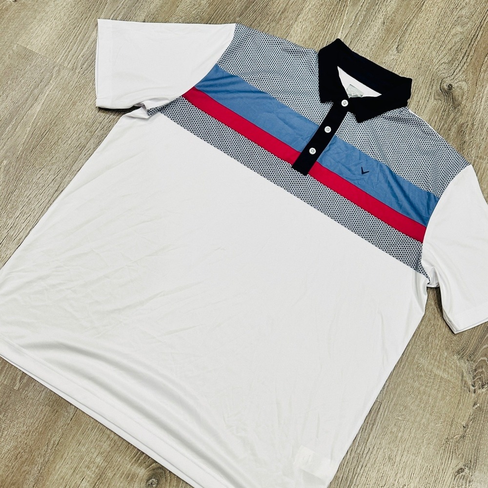 Callaway Opti-Dri Mens XL Golf Polo Shirt White Blue Red Striped‎ Performance
